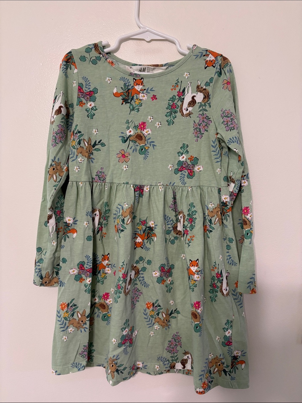 H&M Sage Green Long-Sleeve Dress with Fox & Floral Print